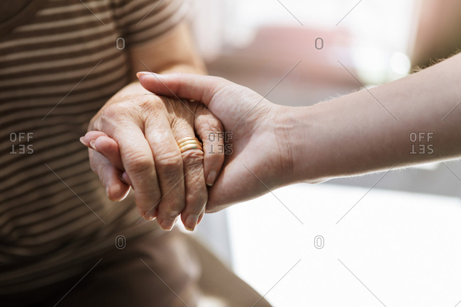 Cropped image of home caregiver holding hand of senior woman