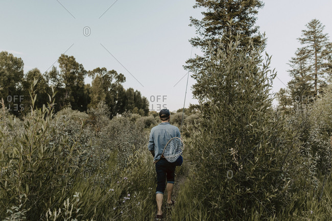 Rear view of man with fishing equipment walking amidst plants against clear sky in forest