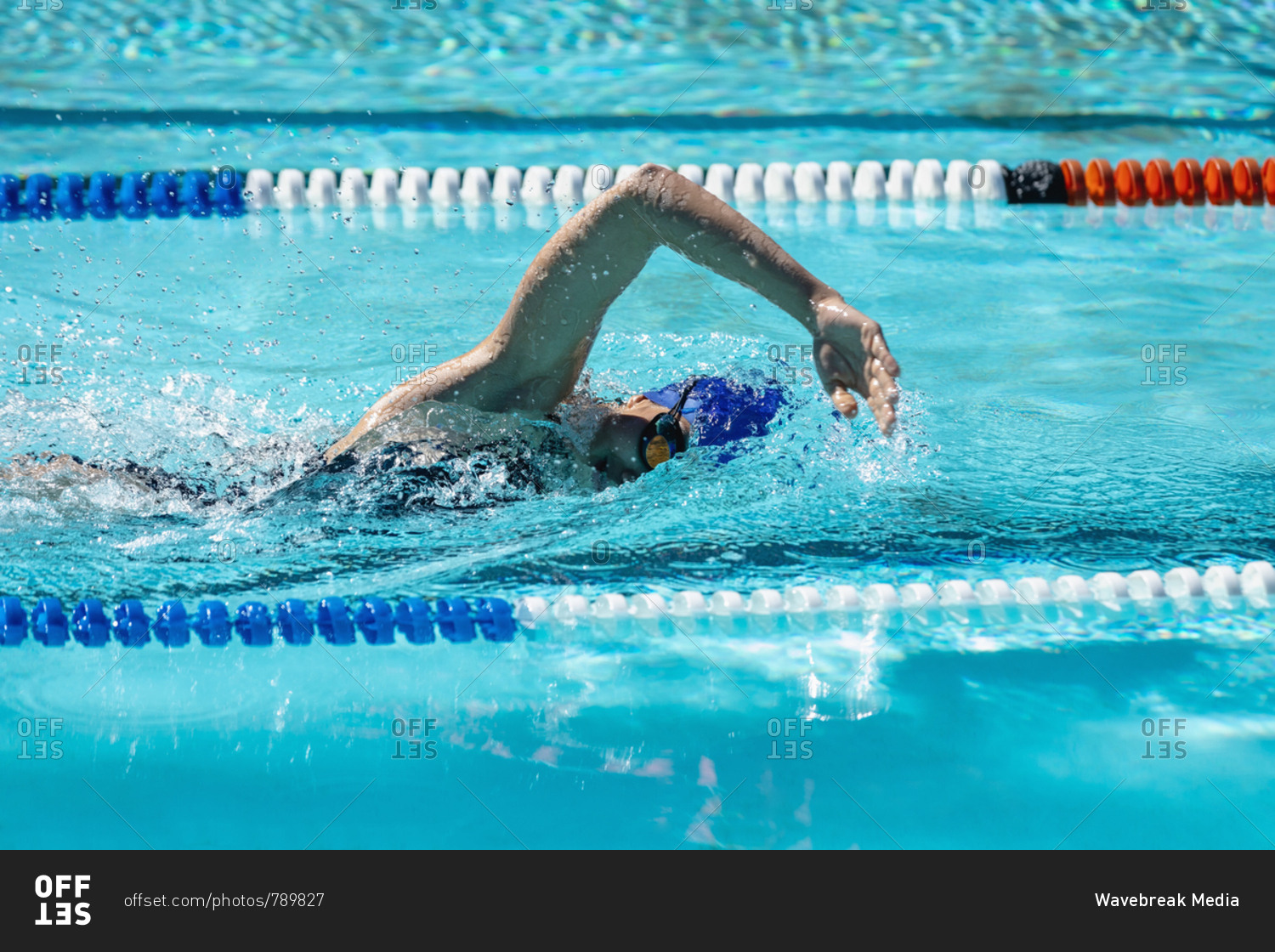 Side view of a young female swimmer swimming crawl in swimming pool on a sunny day