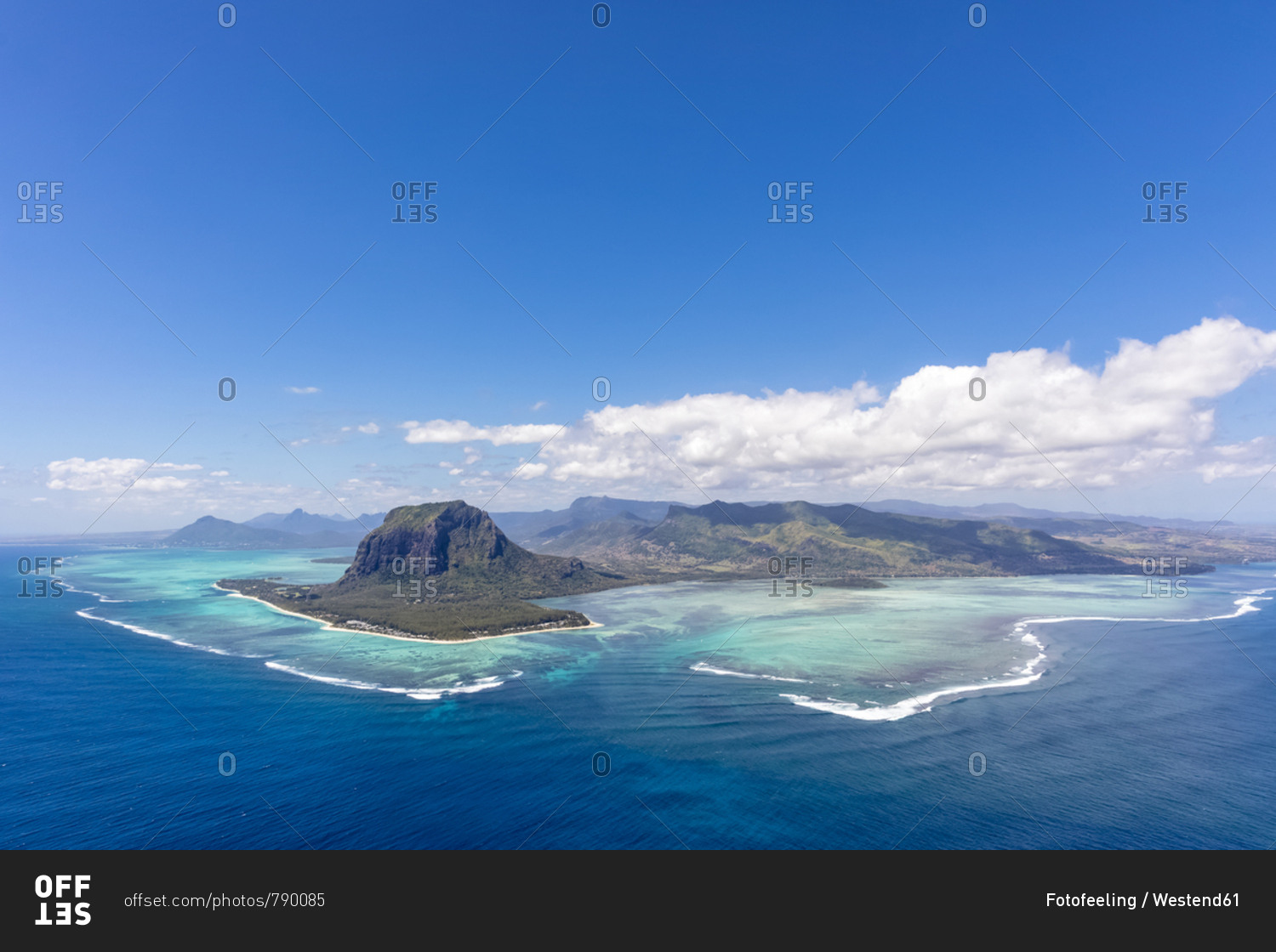 Mauritius- Southwest Coast- view to Indian Ocean- Le Morne with Le Morne Brabant- natural phenomenon- underwater waterfall- aerial view