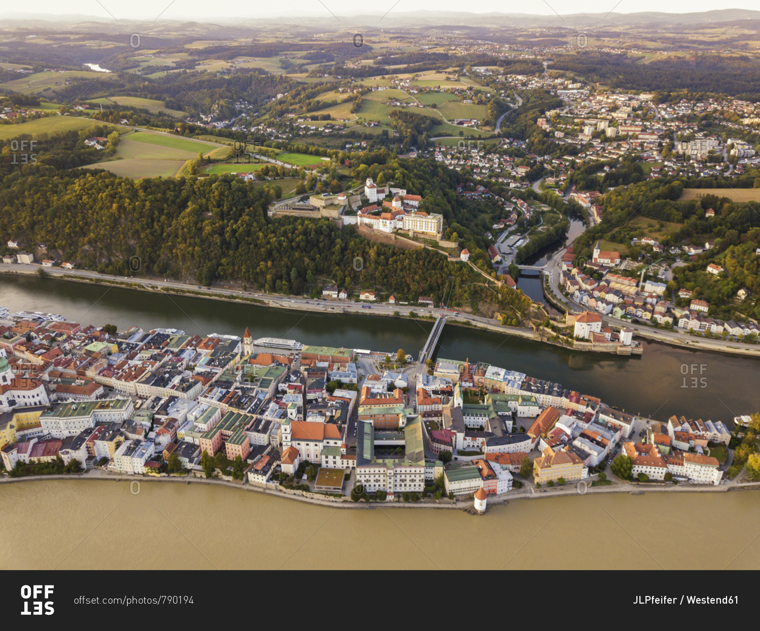 Germany- Bavaria- Passau- City of three rivers- Aerial view- Danube and Inn river- Veste Oberhaus
