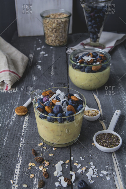 Pudding Oats- custard- spelt flakes- blueberry- almond- chia seeds- coconut flakes- pumpkin seeds and cinnamon