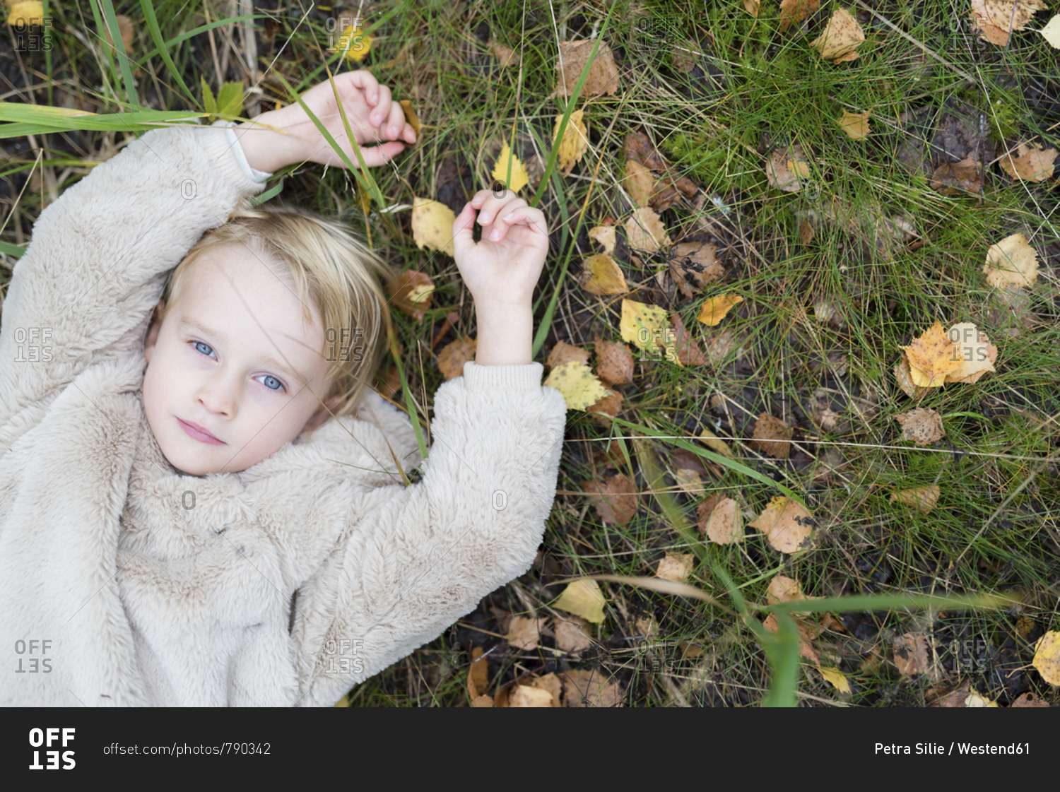 Portrait of blond girl lying on a meadow in autumn- top view