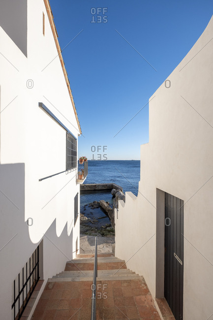 Details of the fishing village and white architecture in Calella de Palafrugell, one of the main destinations of the Costa Brava on the coast of the Mediterranean Sea in Catalonia Spain