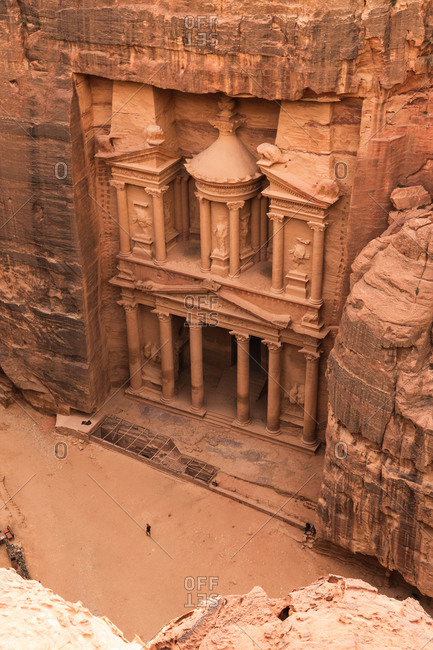 From above view carved Petra temple in solid sandstone cliff, stock OFFSET