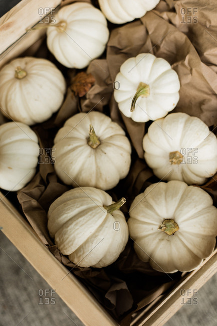 White pumpkins in a crate