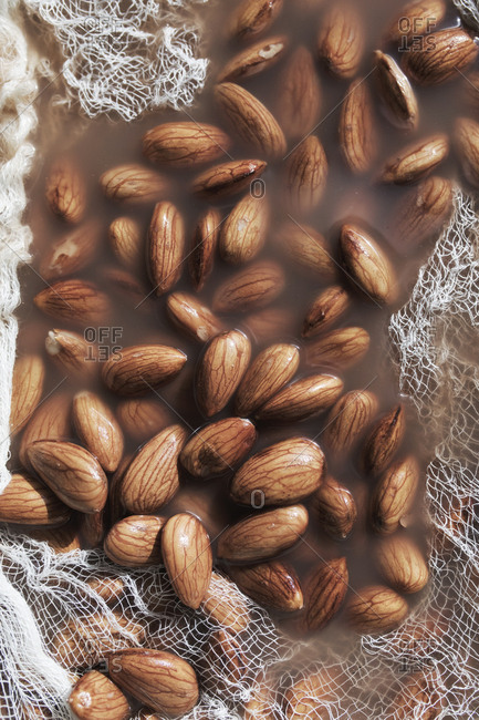 Close up of soaking almonds