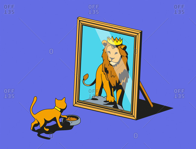 Cat looking in mirror and seeing lion reflection