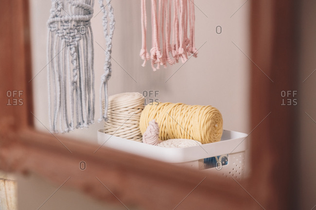Mirror reflection of basket full of yarn clews and other materials used for sewing.