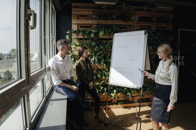 Business people working with flip chart in green office