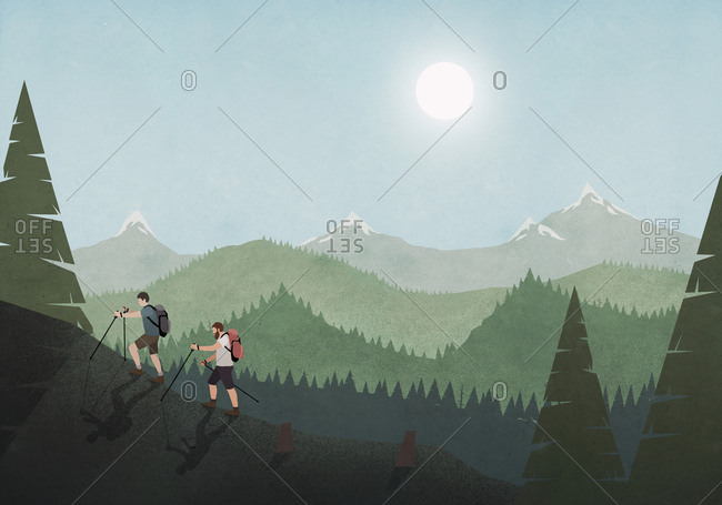 Men hiking along idyllic mountain and forest landscape