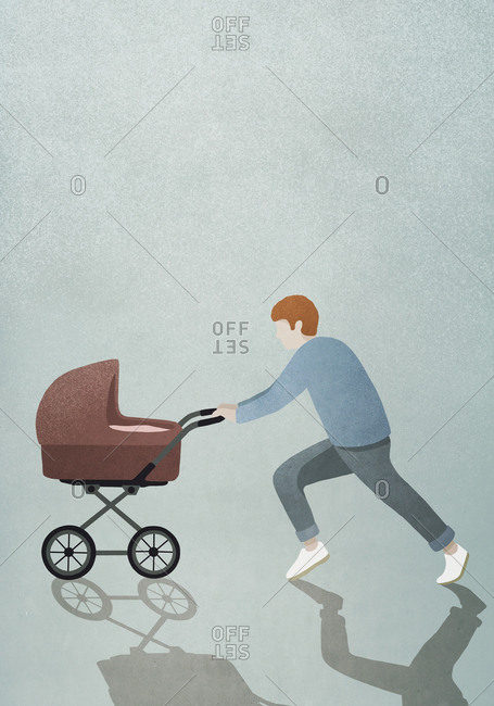 Father running with baby stroller