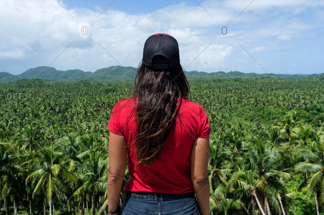 Back view of a woman gazing scenic views of a palm tree forest in Siargao, Philippines