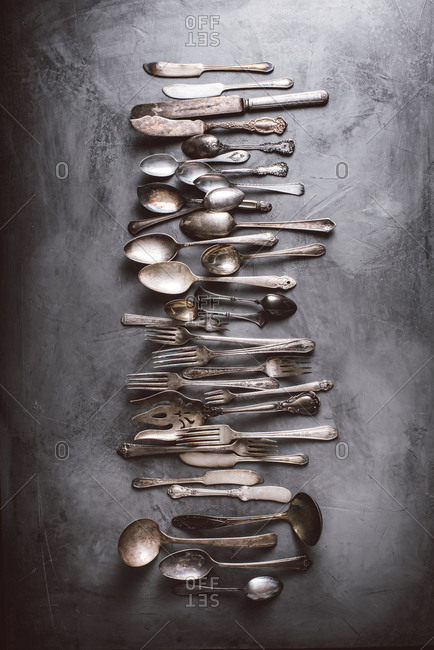 Overhead view of antique flatware