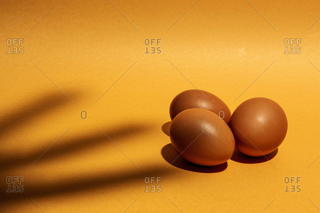 Fresh raw eggs on brown background. Effects of lights and shadows. Isolated