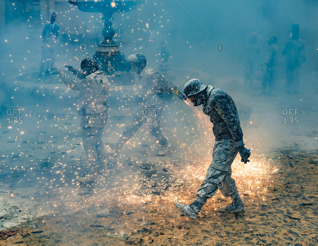 Ibi, Spain - December, 28 2018: People celebrating victory in flour and eggs battle