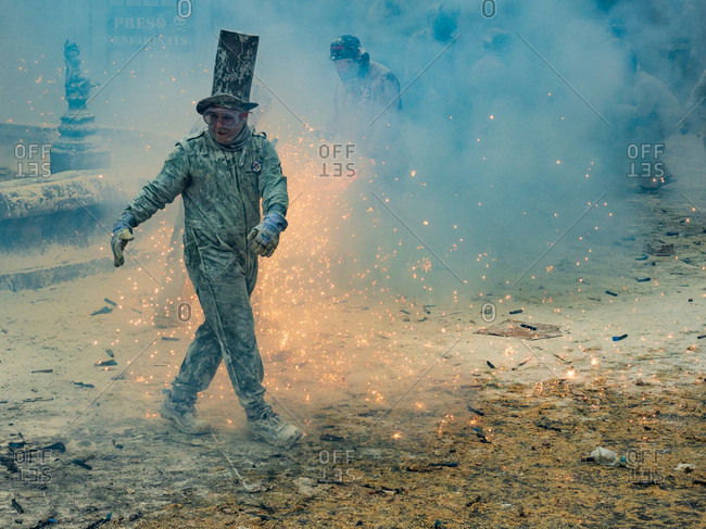 Ibi, Spain - December, 28 2018: People celebrating victory in flour and eggs battle