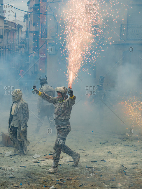 Ibi, Spain - December, 28 2018: People celebrating victory in flour and eggs battle