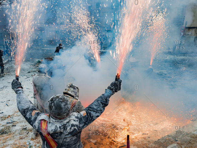 Ibi, Spain - December, 28 2018: People celebrating victory in flour and eggs battle