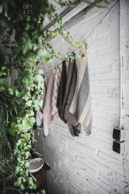 Dish cloths hanging on twist with pins