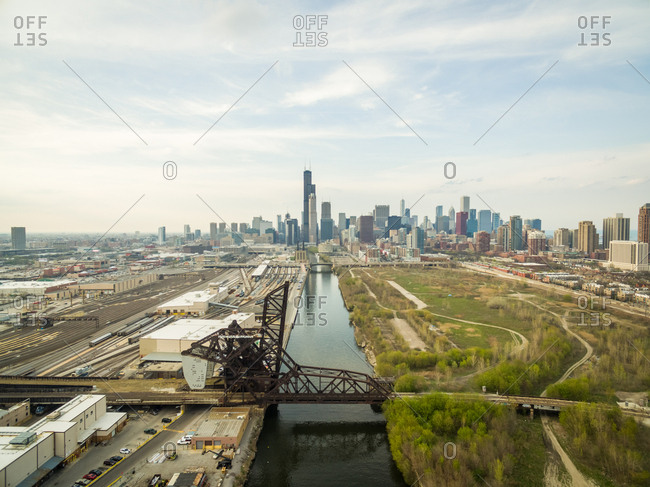 Aerial view of train rail bridge crossing the Chicago River, USA.