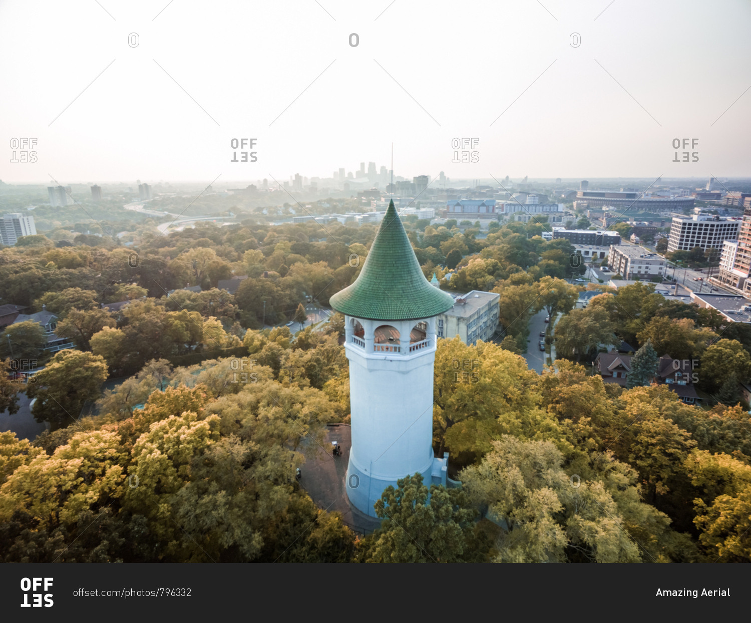 Aerial view of Tower Hill park with city at background, Minneapolis, USA.