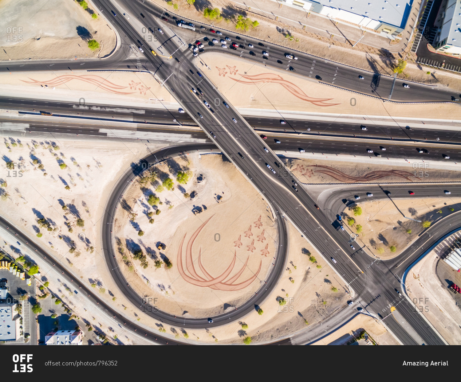 Aerial view of multi-lane road intersection on desert landscape, Las Vegas, USA.