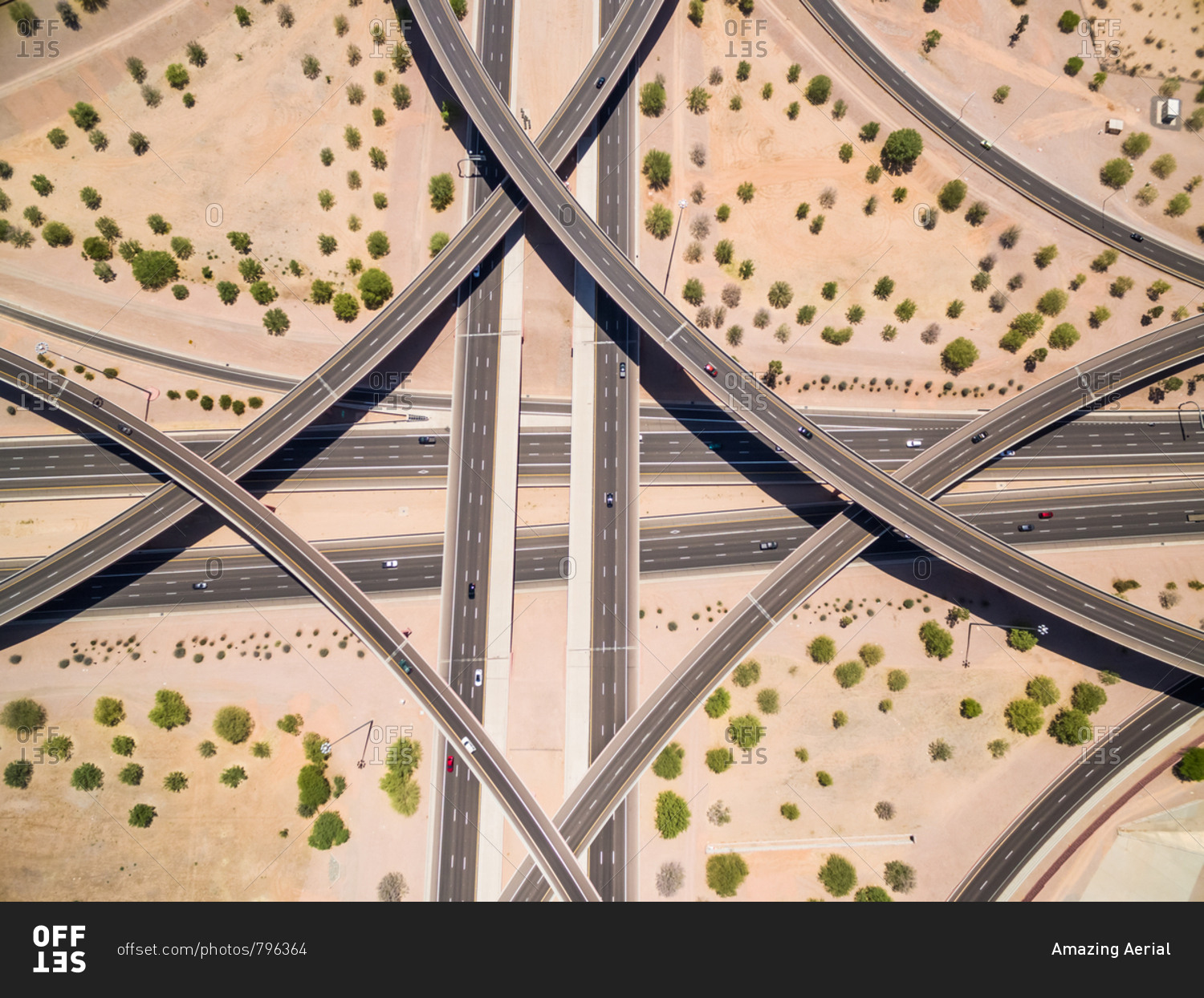 Aerial view of multi-lane road intersection on desert landscape, Las Vegas, USA.