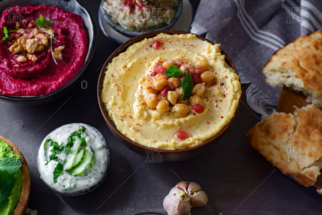 Israeli cuisine: hummus variety, fattoush, baba ganoush