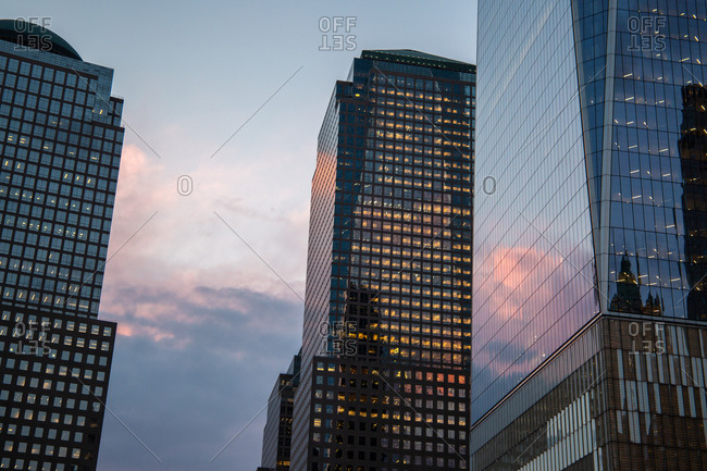 Building exterior reflection at sunset in Lower Manahttan New York City United States