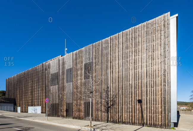 Barcelona, Spain - February 14, 2019: Exterior facade of the Begues civic center building in the province of Barcelona in Catalonia Spain