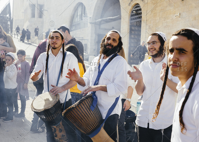 January 21, 2019: Orthodox Jewish people celebrating a Bar Mitzvah in the old city, Jerusalem, Israel.