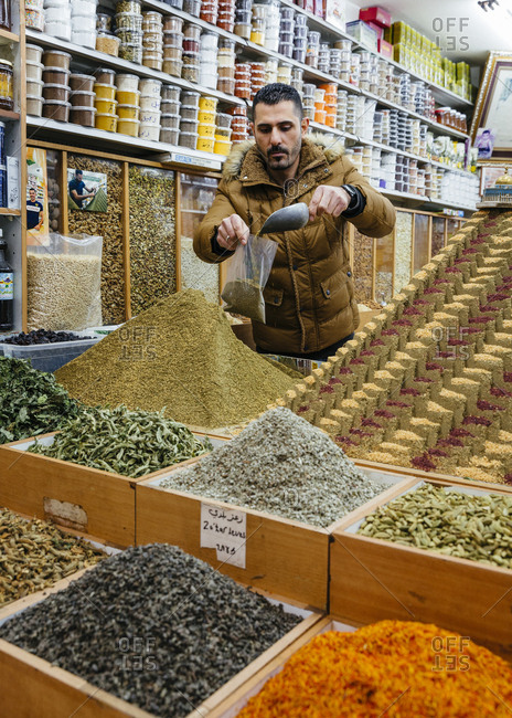 January 13, 2019: "Manba el Zaatar" spice shop in Khan el Zeit street in the old city, Jerusalem, Israel.
