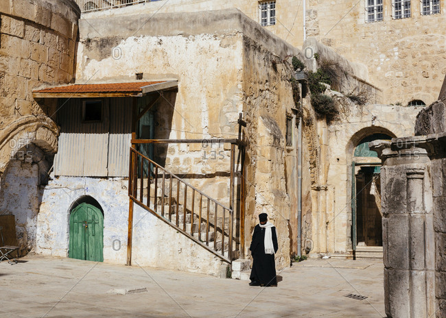 January 21, 2019: The Ethiopian Orthodox monastery at the back of the Holy Sepulchre Church in the old city, Jerusalem, Israel.