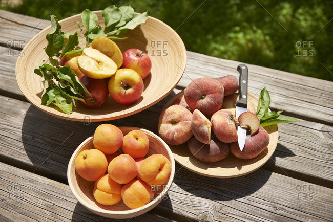 Apples- apricots and doughnut peaches