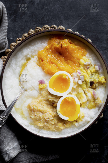 Indian comfort food - boiled rice, mashed pumpkin and potato, boiled lentil and 7-minutes egg.