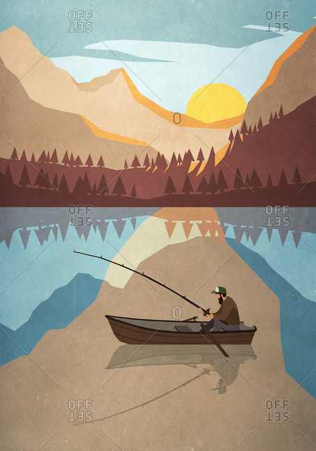 Man fishing in boat on tranquil mountain lake