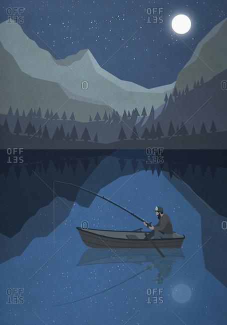Moonlight shining over man fishing in boat on mountain lake
