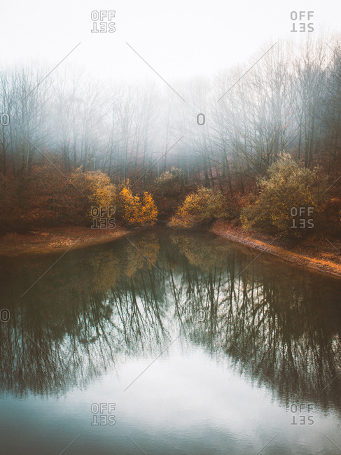 Peaceful lake water with reflection of autumnal dark trees in thick fog