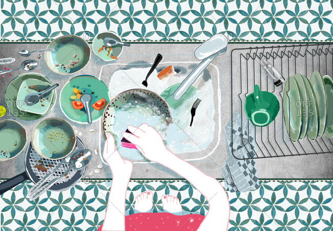 top view of woman doing the dishes