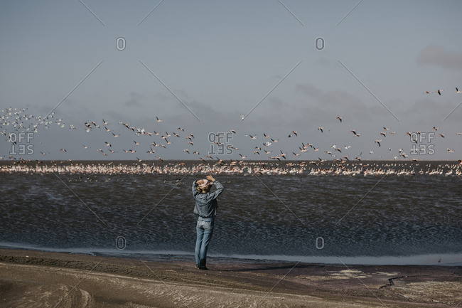 Namibia- Walvis Bay- Namib-Naukluft National Park- woman at the coast looking at colony of flamingos