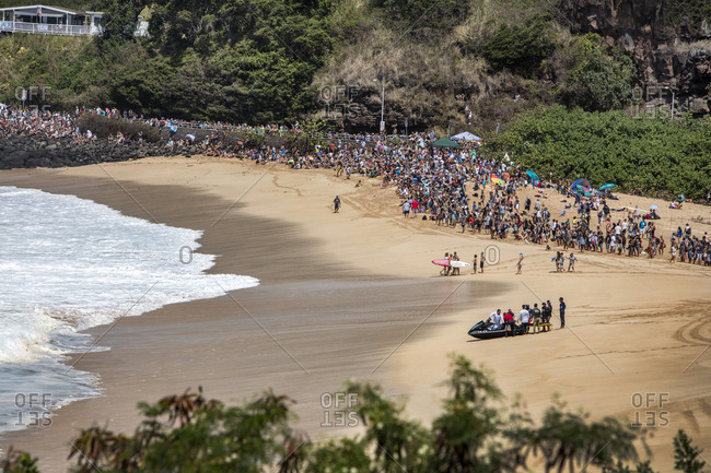 February 26, 2016: HAWAII, Oahu, North Shore, Eddie Aikau, 2016, spectators watching the Eddie Aikau 2016 big wave surf competition, Waimea Bay