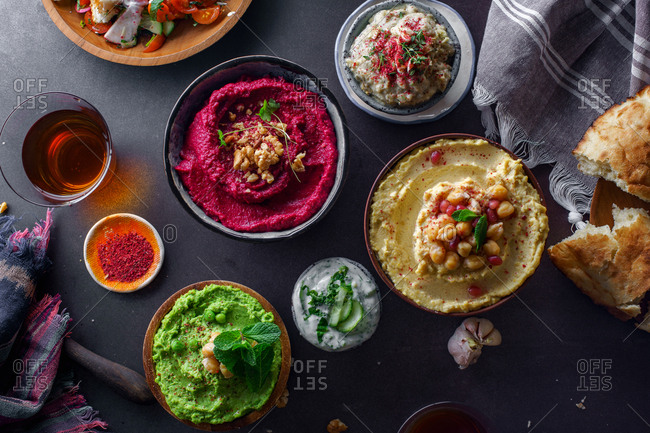Israeli cuisine: hummus variety, fattoush, baba ganoush