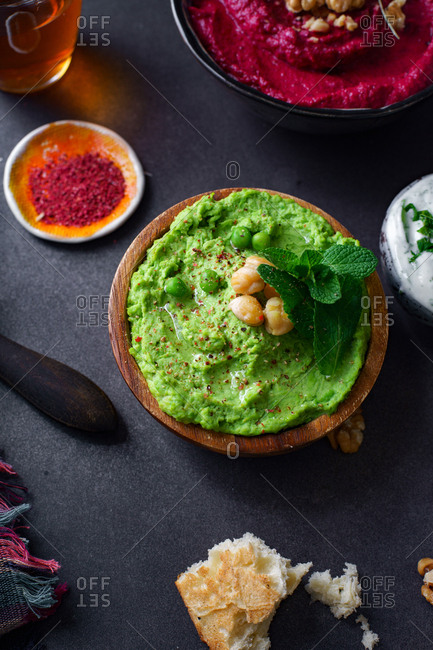 Israeli cuisine: hummus variety, fattoush, baba ganoush