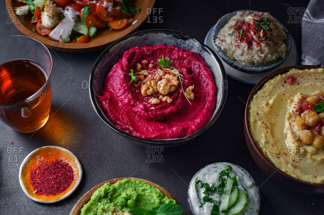 Israeli cuisine: hummus variety, fattoush, baba ganoush