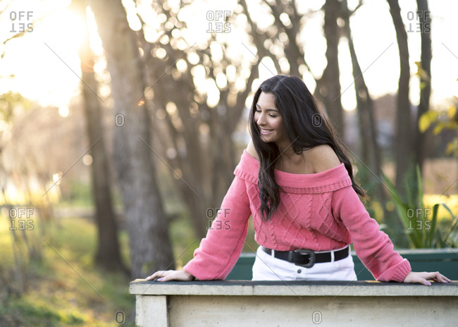 Beautiful brunette girl on a bridge in the woods.