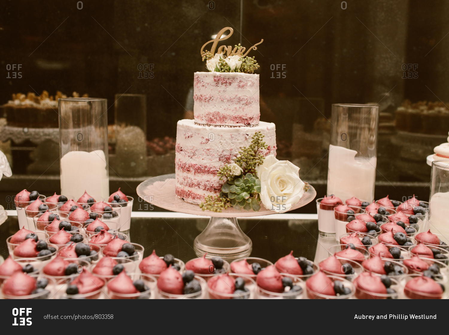 Luxury wedding dessert table with red velvet cake