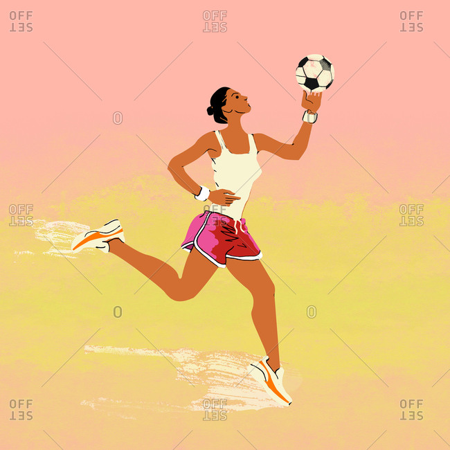 Running woman with soccer ball in hand