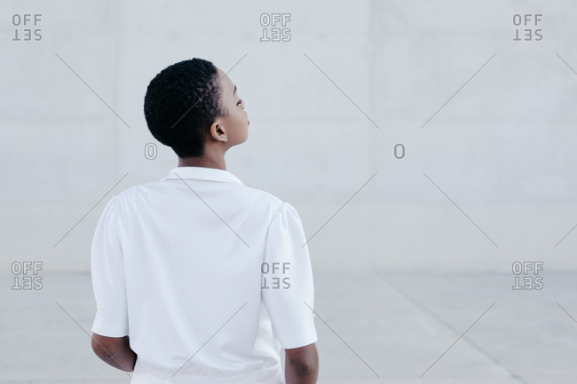 Back View Of Elegant Trendy Short Haired Woman Posing And Looking