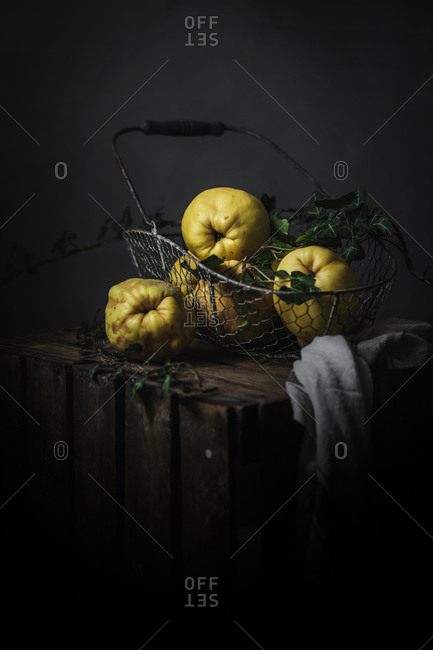 Ripe yellow apple-quinces placed in basket on dark wooden background